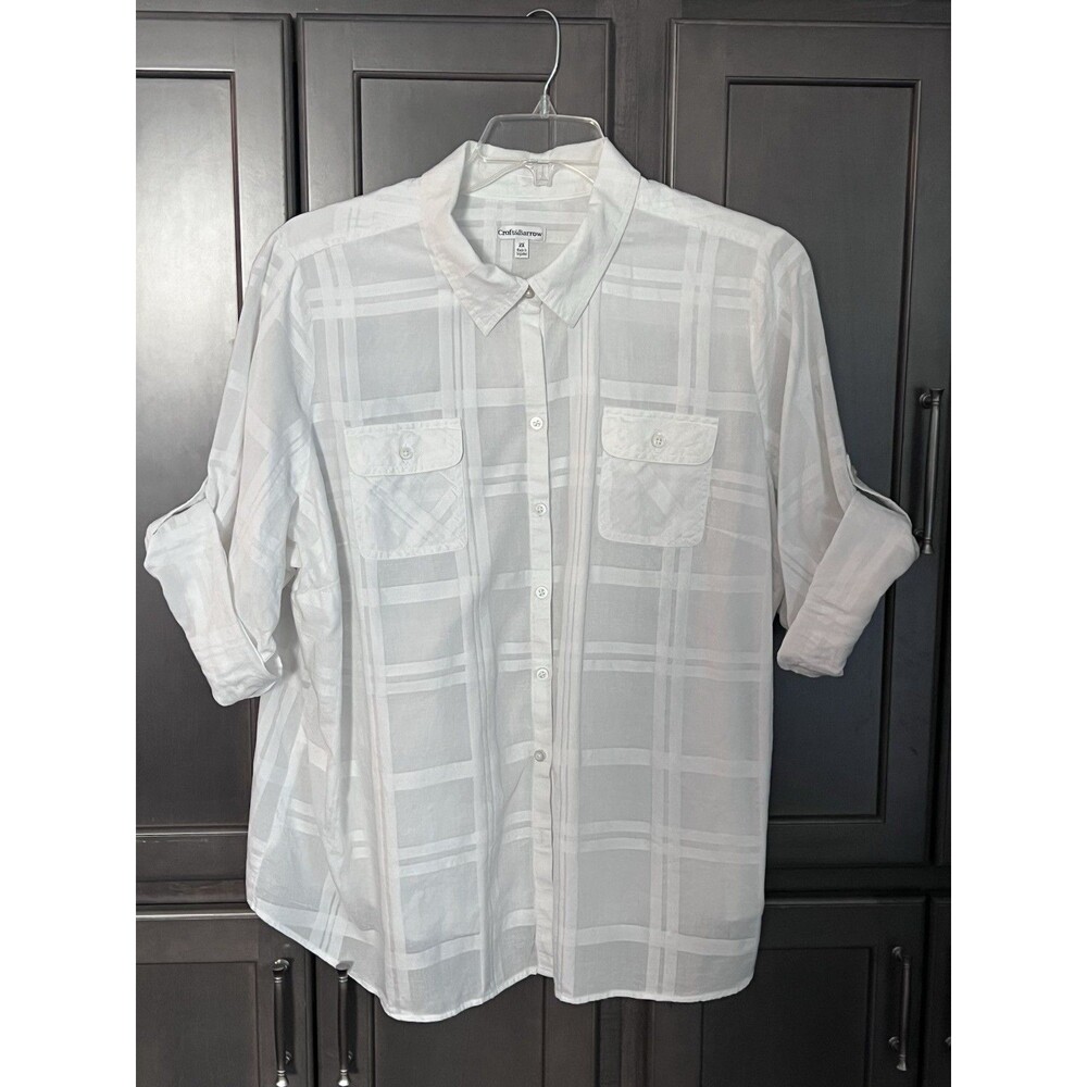 Croft & Barrow Women’s White Button Roll Tab Sleeve Top Plus Size 2X Coastal